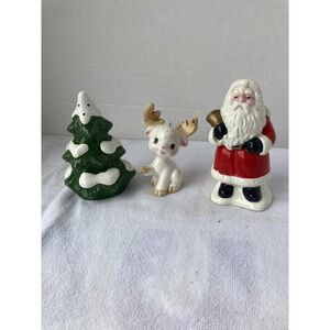 Santa Christmas Tree & Cute reindeer Ornament, Ceramic Salt & Pepper Shakers